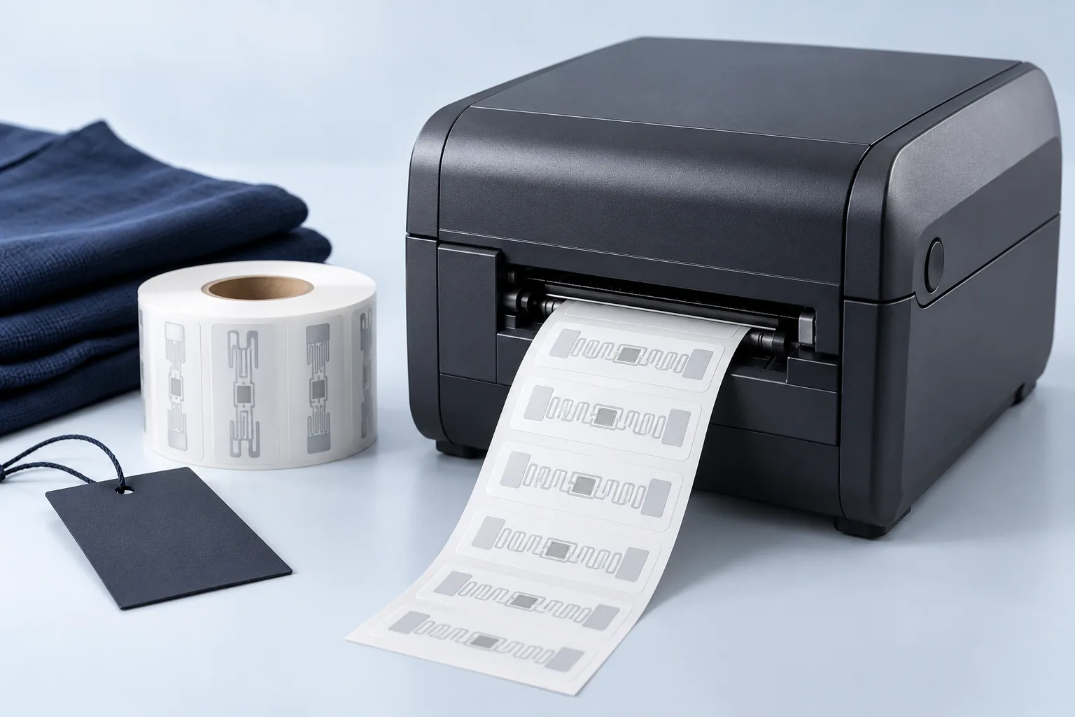 Illustration of RFID printing equipment, blank labels and apparel hangtags