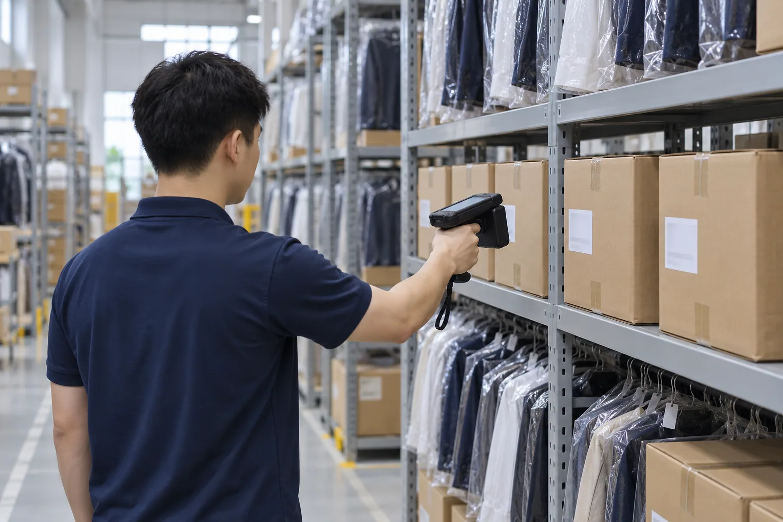 Illustration of a warehouse operator checking goods with a handheld RFID reader
